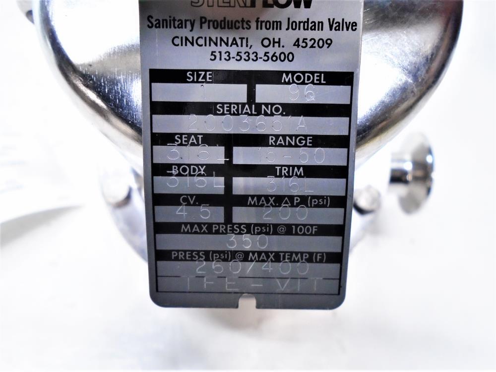 Jordan SteriFlow 1" Sanitary Pressure Regulator, Model 96, 200 PSI, Stainless